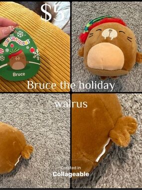 Squishmallows Bruce Holiday Walrus Plush - Brown, Red, Green